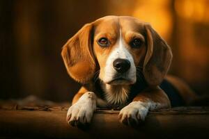 beagle veterano relaxa, cabeça aninhado em patas, dentro concurso ambiente ai gerado foto