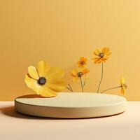 esvaziar volta etapa para produtos. pódio, pedestal, Lugar, colocar para produtos demonstração, plataforma. minimalismo, volumoso flores, pastel amarelo. generativo ai foto