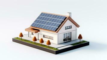 miniatura casa modelo com solar painel em cobertura em branco fundo. generativo ai foto