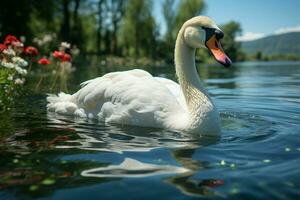 uma pacífico oásis cisne com uma impressionante vermelho bico nada graciosamente ai gerado foto