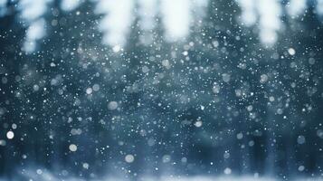 borrão neve queda dentro pinho floresta cena. festivo inverno feriado e Natal Novo ano fundo conceito. generativo ai foto