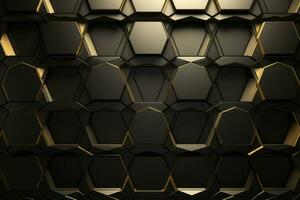 luxo hexagonal abstrato Preto metal fundo com dourado luz linhas - moderno 3d geométrico textura, ai gerado foto