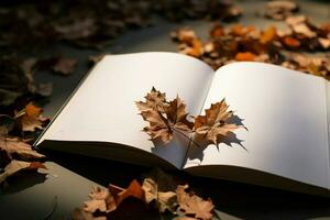 naturezas toque em a aberto livro, folhas capturado dentro Páginas ai gerado foto