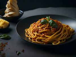 espaguete bolonhesa com tomate molho e manjericão em Preto fundo. generativo ai foto