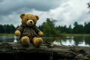 vintage estilo solitário Urso boneca exala escuro, melancólico elegância ai gerado foto