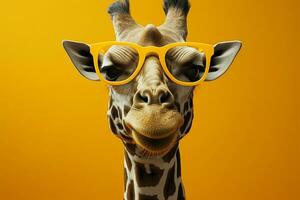 monocromático elegância encontra uma moda frente girafa adornado dentro amarelo oculos de sol ai gerado foto