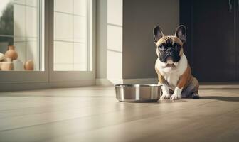 ai generativo. conteúdo francês buldogue ao lado uma Comida tigela. criada com ai foto