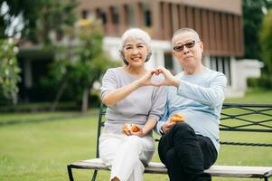 ásia Senior casal tendo uma Boa tempo. elas rindo e sorridente enquanto sentado ao ar livre às a parque. adorável Senior casal foto