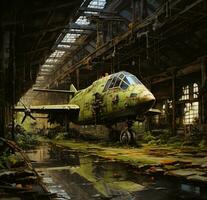 foto abandonado militares aeronave sentado dentro cheio floresta, empoeirado e sujo generativo ai