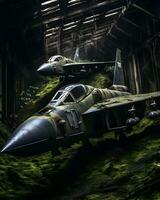 foto abandonado militares aeronave sentado dentro cheio floresta, empoeirado e sujo generativo ai