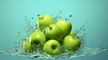 fresco verde maçãs outono para dentro a água com uma respingo em azul fundo. generativo ai foto