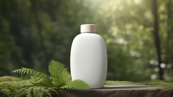 natural Cosmético produtos apresentação nos bastidores. ao ar livre floresta colocação. branco em branco jarra xampu garrafa. 3d. ai generativo foto