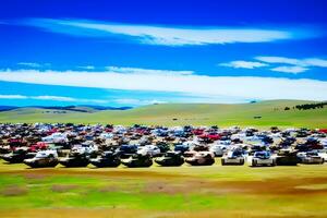 militares ou exército tanque pronto para ataque e comovente sobre uma deserta batalha campo terreno. neural rede ai gerado foto