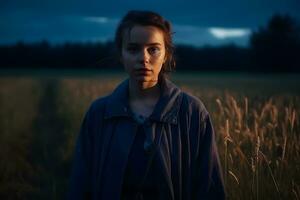 retrato do uma lindo menina dentro a tarde dentro a campo. neural rede ai gerado foto