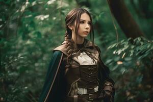 medieval Guerreiro menina dentro a floresta. neural rede ai gerado foto