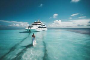 lindo mulher desfrutando luxuoso iate cruzeiro, mar viagem de luxo barco. neural rede ai gerado foto