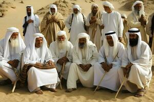 muitos árabe homens dentro a deserto. neural rede ai gerado foto