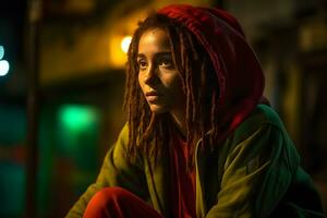 retrato do uma jovem rastaman mulher. neural rede ai gerado foto