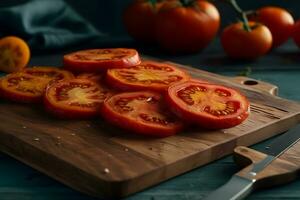 fatiado tomate. vermelho tomates em uma de madeira corte borda. neural rede ai gerado foto