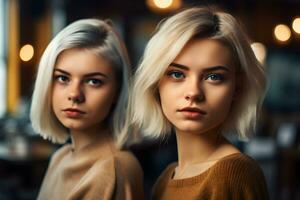 dois jovem Loiras meninas retrato. neural rede ai gerado foto