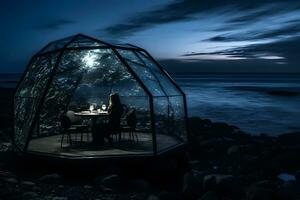 romântico Barra em a beira-mar. acolhedor restaurante-cúpula dentro natureza. neural rede ai gerado foto