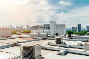 ar condicionador unidades hvac em uma cobertura do industrial construção com azul céu e nuvens dentro a fundo. neural rede ai gerado foto