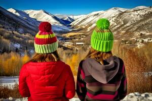 meninas feliz em montanha. neural rede ai gerado foto