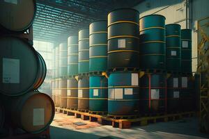 pilhas do óleo barris dentro óleo refinaria armazém. neural rede gerado arte foto