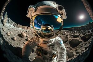astronauta explora espaço ser deserto marte. astronauta espaço terno realizando extra cósmico atividade espaço. neural rede gerado arte foto