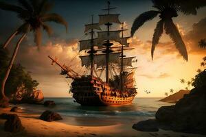 pirata navio às a aberto mar fechar para pedras e pequeno ilha com Palmeiras. neural rede gerado arte foto