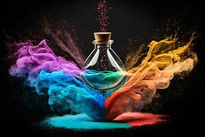 vidro recipiente com colori areia em arco Iris respingo fundo. neural rede ai gerado foto