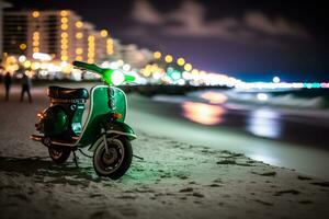 lambreta ciclomotor às oceano dirigir miami de praia às noite com néon luzes a partir de hotéis. neural rede ai gerado foto