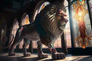 estátua do uma leão dentro a Palácio contra a fundo do manchado vidro. neural rede ai gerado foto
