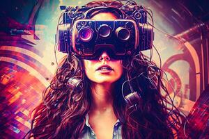 futurista mulher vestindo virtual realidade óculos. neural rede ai gerado foto