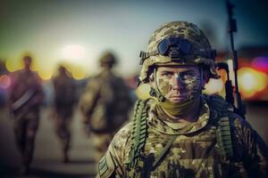 orgulhoso exército soldado retrato. neural rede ai gerado foto