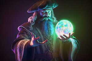 homem com uma místico brilhando esfera para significar poder, Magia, espiritualidade e tão adiante. neural rede ai gerado foto