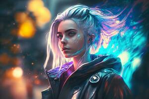 uma lindo cyberpunk menina carrinhos contra a pano de fundo do a noite cidade do a futuro. cyberpunk conceito. neural rede ai gerado foto