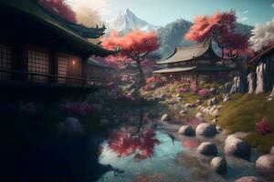 oriental panorama com japonês tradicional construção fechar para rio e nublado montanhas dentro Tempo do sakura florescer. neural rede gerado arte foto