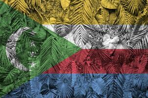 Comores bandeira retratado em muitos folhas do monstera Palma árvores na moda elegante pano de fundo foto