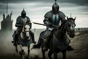épico campo de batalha exércitos do medieval cavaleiros brigando com espadas. neural rede ai gerado foto