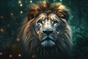 fechar-se do leão, Panthera leo dentro frente do Preto fundo. neural rede ai gerado foto