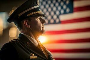 Visão do uma veterano saudando a bandeira do a Unidos estados. neural rede ai gerado foto