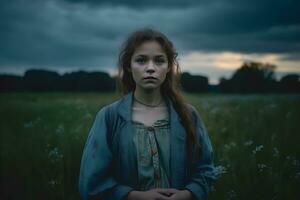 retrato do uma lindo menina dentro a tarde dentro a campo. neural rede ai gerado foto