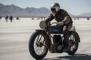 motociclista equitação através uyuni sal plano deserto. neural rede ai gerado foto