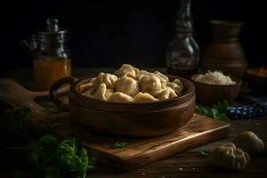 delicioso dumplings dentro a Panela em a mesa. neural rede ai gerado foto