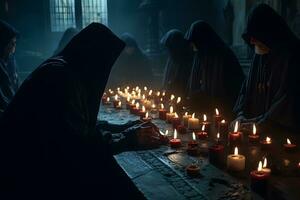 ritual do medieval padres com velas dentro a têmpora. neural rede ai gerado foto