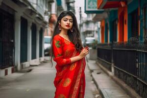 retrato do uma tradicionalmente vestido mulher do indiano origem. neural rede ai gerado foto