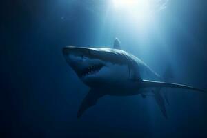 ótimo branco Tubarão posando dentro a profundo azul água. neural rede ai gerado foto