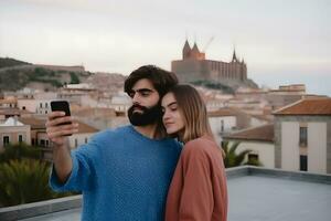uma feliz casal leva uma selfie enquanto viajando. neural rede ai gerado foto