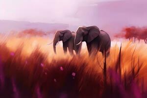 rebanho do elefantes dentro África caminhando através a grama. neural rede ai gerado foto